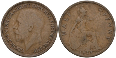 Великобритания 1/2 пенни 1927 Георг V (1910 - 1936) KM 824, Spink 4057 бронза 4146-151