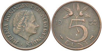 НИДЕРЛАНДЫ 5 ЦЕНТОВ 1955 ЮЛИАНА (1948-1980) KM 181 бронза 213-1023