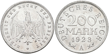 Германия 200 марок 1923 A KM 35, J. 304, Weege 22 алюминий UNC 4586-315