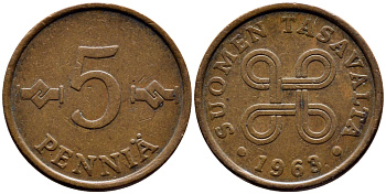 ФИНЛЯНДИЯ 5 ПЕННИ 1963 ПЕРВЫЙ ГОД KM 45 медь 71-1537