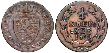 Нассау 1/4 крейцера 1819 Z, Вильгельм I (1816-1839) KM 42 медь    188-444