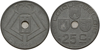 Бельгия 25 сантимов 1942 Belgique - Belgie, Леопольд III (1934-1947), германская оккупация, Вторая мировая война KM 131 цинк 4157-436