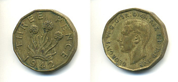 Великобритания 3 пенса 1942 Георг VI (1936-1952) KM 849, Spink 4112 никель латунь 80-1051