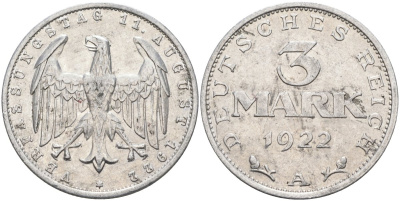 Германия 3 марки 1922 A, третья годовщина Веймарской Конституции KM 29, J.303 алюминий 4587-333