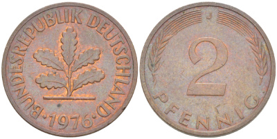 ФРГ 2 ПФЕННИГА 1976 J KM 106а, J. 381а сталь плакированная сталь плакированная медьюю 4181-818
