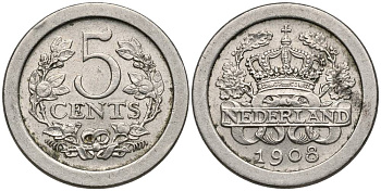 НИДЕРЛАНДЫ 5 ЦЕНТОВ 1908 ВИЛЬГЕЛЬМИНА I (1890-1948) KM 137 медно-никель XF 4549-1034
