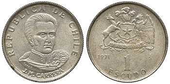 Чили 1 эскудо 1971 Хосе Мигель Каррера KM 197 медно-никель 4118-243