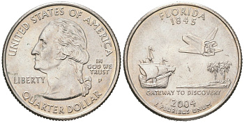 США 25 центов = квотер = 1/4 доллара 2004 P, квотер штата Флорида KM 356 медь плакированная медно-никелем UNC 183-317