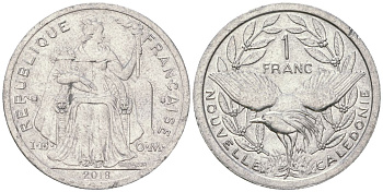 Французская Новая Каледония 1 франк 2018 птица кагу, (IEOM) KM 10, Schoen 10 алюминий 54-1652