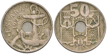 Испания 50 сентимо 1949 (54) Франсиско Франко (1939-1975), морская атрибутика KM 777 медно-никель 4385-613