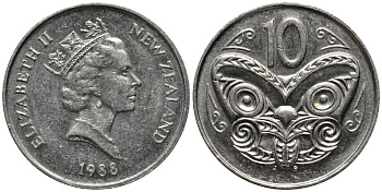 Новая Зеландия 10 центов 1988 Елизавета II (1952-2022), маска маори KM 61 медно-никель 4579-954