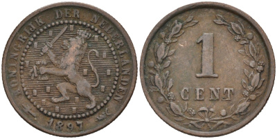Нидерланды 1 цент 1897 Вильгельмина (1890-1948) KM 107 бронза 4576-626