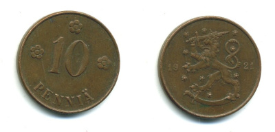 Финляндия 10 пенни 1921 республика (1918-1962) KM 24 медь 29-1111