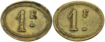 Франция 1 франк XIX-XX век ресторанный жетон латунь 4166-723