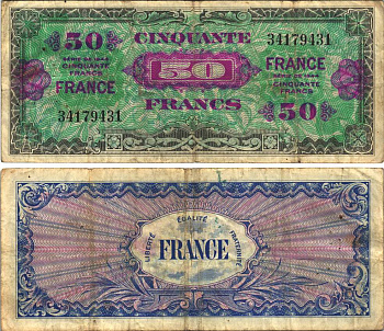 ФРАНЦИЯ 50 ФРАНКОВ 1944 ВТОРОЙ ВЫПУСК, ПЕРЕХОДНОЕ ПРАВИТЕЛЬСТВО Pick 122а бумага 8589-41-1-2