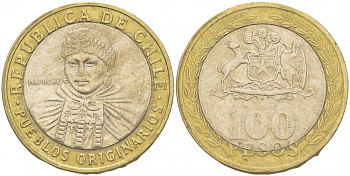 Чили 100 песо 2008 индейцы Мапуче KM 236 биметалл 4541-124