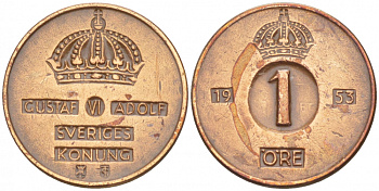 Швеция 1 эре 1953 TS Густав VI Адольф (1950-1973) KM 820 бронза 4547-1048