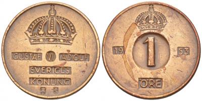 Швеция 1 эре 1953 TS Густав VI Адольф (1950-1973) KM 820 бронза 4547-1048