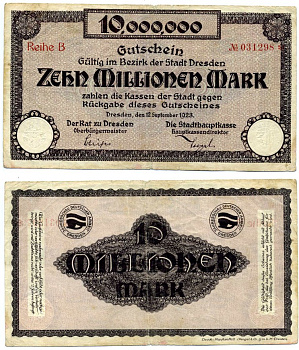 ДРЕЗДЕН 10000000 марок (10 миллионов) 1923 12 сентября 1923, REIHE B, нотгельд, земля Саксония Keller 1072e бумага 2193-28-2-1