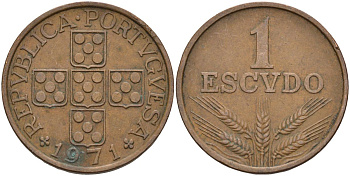 Португалия 1 эскудо 1971 KM 597 бронза 4126-612