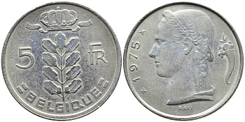 Бельгия 5 франков 1975 Belgique, Бодуэн I (1951-1993) KM 134.1 медно-никель 4110-1026