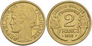 ФРАНЦИЯ 2 ФРАНКА 1938 ТИП MORLON KM 886, LE FRANC 268.11 алюминиевая бронза 69-1246