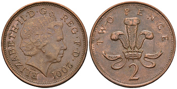 Великобритания 2 пенса 2001 Елизавета II (1952-2022) KM 987, Spink 4690 (C5) сталь плакированная медью 177-744
