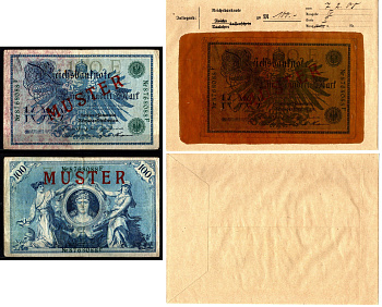 Германия 100 марок 1908 зеленая печать, 7 февраля, MUSTER, образец, Specimen. В оригинальном банковском конверте. Из коллекции Отто Сейфферта (помощник Ялмара Шахта - министра экономики Германии и президента Рейхсбанка времен третьего рейха) Pick 34 s, Gr