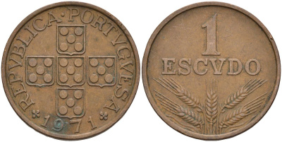 Португалия 1 эскудо 1971 KM 597 бронза 4126-612