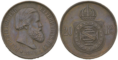 Бразилия 20 рейсов 1869 Педру II (1831-1889) KM 474 бронза 92-944