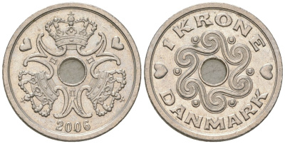 Дания 1 крона 2006 сердце, Маргрете II (1972-) KM 873 медно-никель aUNC 4561-514