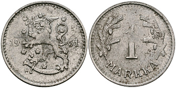 Финляндия 1 марка 1951 Н KM 30b железо 4580-1258