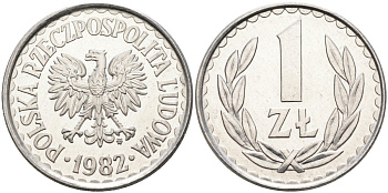 Польша 1 злотый 1982 MW, Народная Республика KM 49.1, Parchimowicz 213u алюминий UNC 4182-612