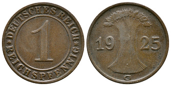 ГЕРМАНИЯ 1 РЕЙХСПФЕННИГ 1925 G KM 37, J. 313 бронза 4380-1127