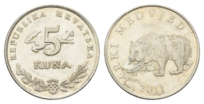 Хорватия 5 кун 2011 бурый медведь, нечетный год KM 11 медь цинк никель    4660-426
