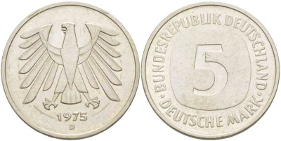 ФРГ 5 марок 1975 D, монетный двор Мюнхен КМ 140.1, J. 415 медно-никель плакированный никелем 115-516