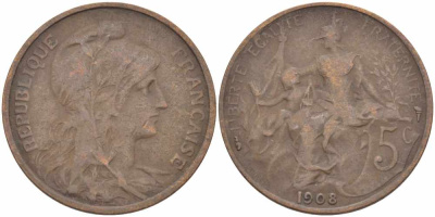 ФРАНЦИЯ 5 САНТИМОВ 1908 ТИП ДАНИЭЛЬ ДЮПЮИ KM 842, LE FRANC 119.19 бронза 108-913