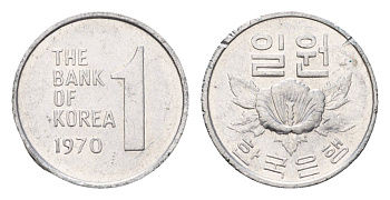 Южная Корея 1 вона 1970 роза шарона KM 4a алюминий aUNC 4147-949