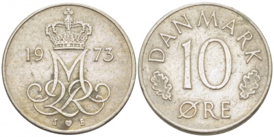 ДАНИЯ 10 ЭРЕ 1973 S; B, МАРГРЕТЕ II (1972-) KM 860.1 медно-никель 3996-1059