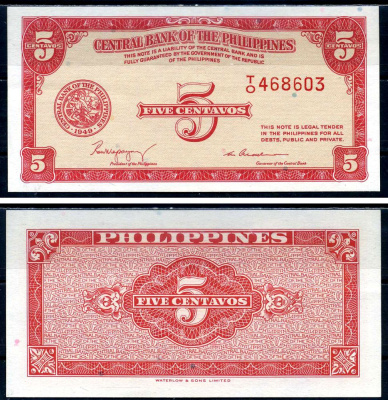 Филиппины 5 сентаво 1949 Pick 126a бумага aUNC 6279-36-2-2
