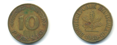 ФРГ 10 ПФЕННИГОВ 1950 D KM 108, J.383 сталь плакированная латунью 83-134