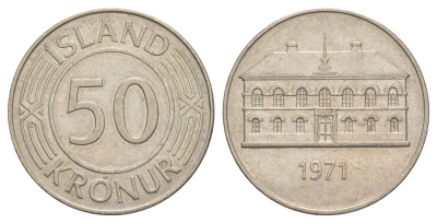 Исландия 50 крон 1971 здание парламента в Рейкьявике KM 19 медно-никель 4645-442