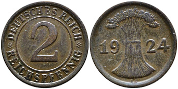 ГЕРМАНИЯ 2 РЕЙХСПФЕННИГА 1924 G, ВЕЙМАРСКАЯ РЕСПУБЛИКА (1919-1933) KM 38, Jager 314, Weege 4 бронза 4546-831