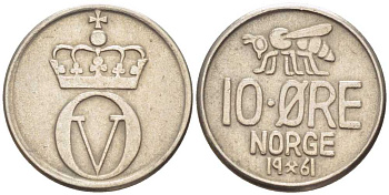 НОРВЕГИЯ 10 ЭРЕ 1961 ПЧЕЛА KM 411 медно-никель 105-747