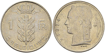 Бельгия 1 франк 1974 Belgique, Бодуэн I (1951-1993) KM 142.1 медно-никель 4546-515