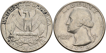 США 25 центов (квотер) 1974 D, Вашингтон KM 164a медь плакированная медно-никелем    4606-646