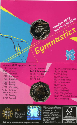 Великобритания 50 пенсов 2011 XXX летние Олимпийские игры в Лондоне в 2012 году, гимнастика, в оригинальном картонном буклете, с Олимпийской голограммой (14/29) KM 1170 медно-никель  UNC  3-6-6-06