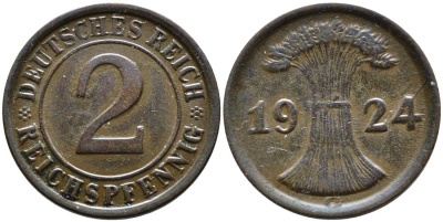 ГЕРМАНИЯ 2 РЕЙХСПФЕННИГА 1924 G, ВЕЙМАРСКАЯ РЕСПУБЛИКА (1919-1933) KM 38, Jager 314, Weege 4 бронза 4546-831