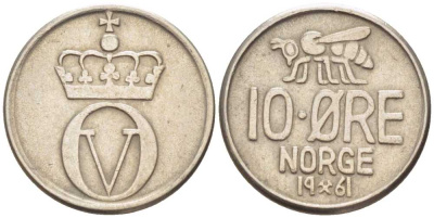 НОРВЕГИЯ 10 ЭРЕ 1961 ПЧЕЛА KM 411 медно-никель 105-747