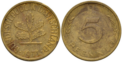 ФРГ 5 пфеннигов 1971 D J.382, KM 107 сталь плакированная латунью    4598-948